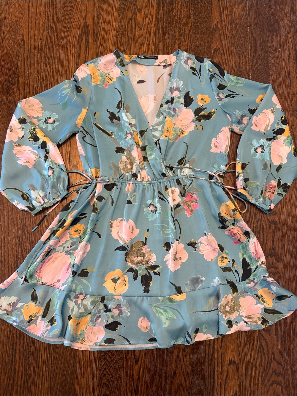 Zara Blue Floral Wrap Dress with Ruffle Hem